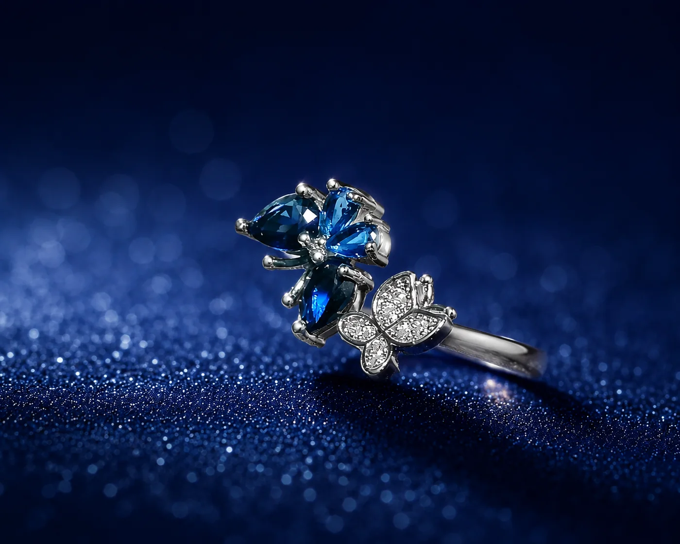 Sapphire Butterfly Blossom Ring